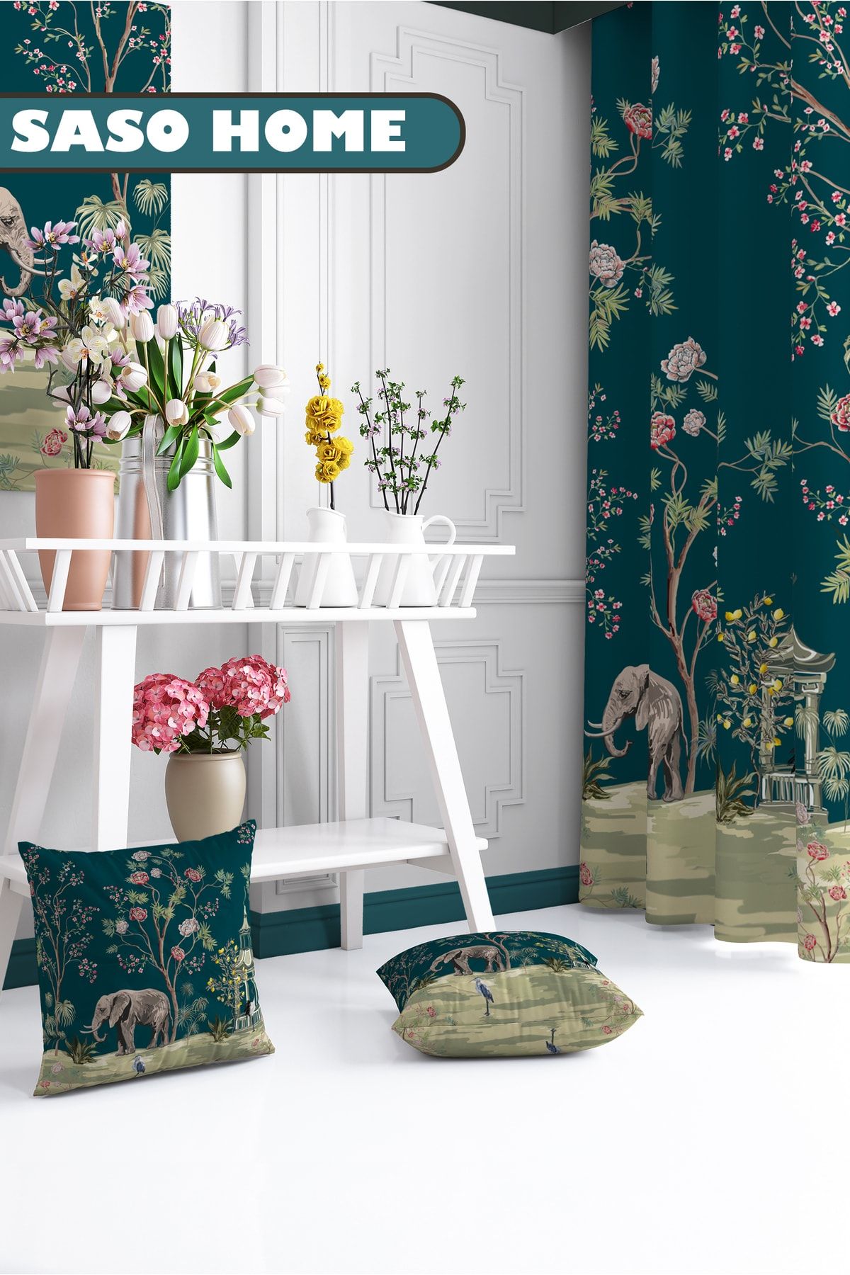 SasoHome-Pernă decorativă pentru cadou cu model turcoaz elefant și trandafiri - husă de pernă 2