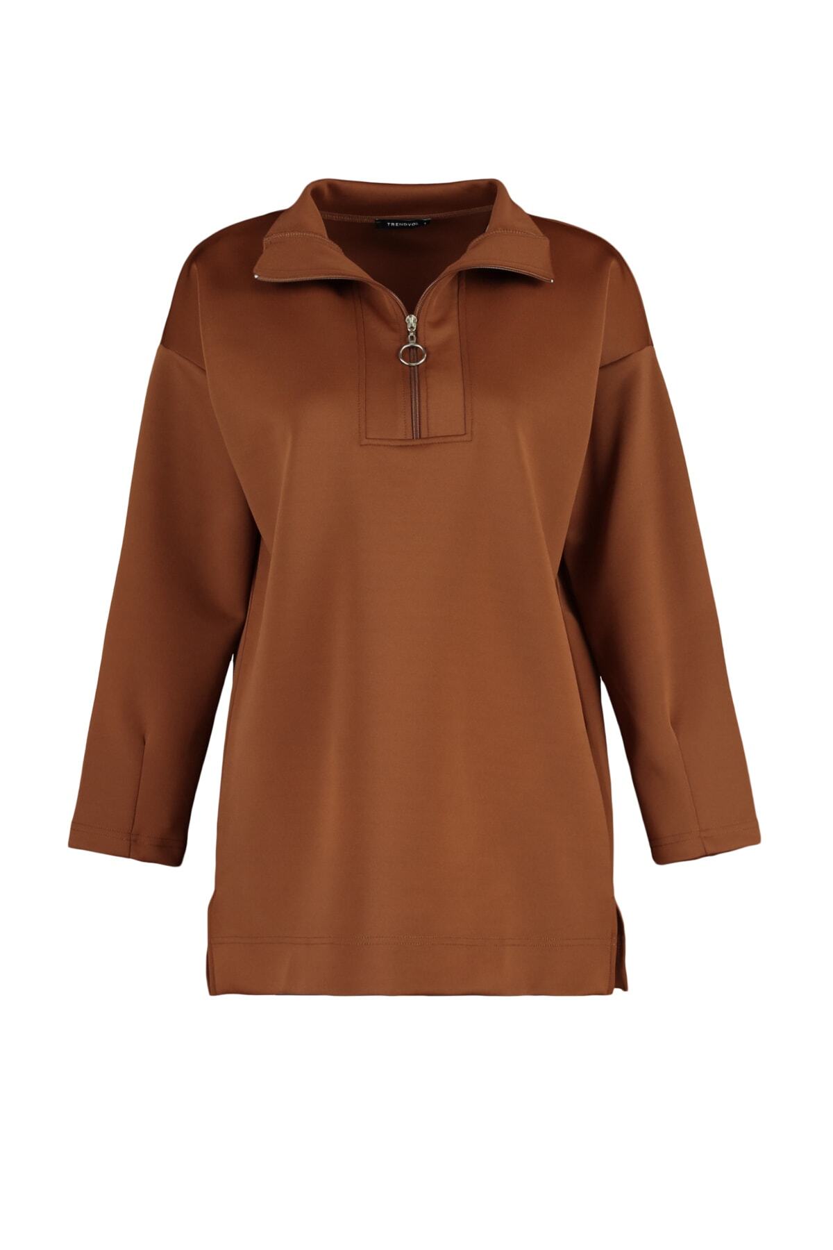 Trendyol Modest-Oversize καφέ φούτερ Scuba - Λεπτομέρειες με φερμουάρ, γιακάς δύτη TCTAW23TW00198 6