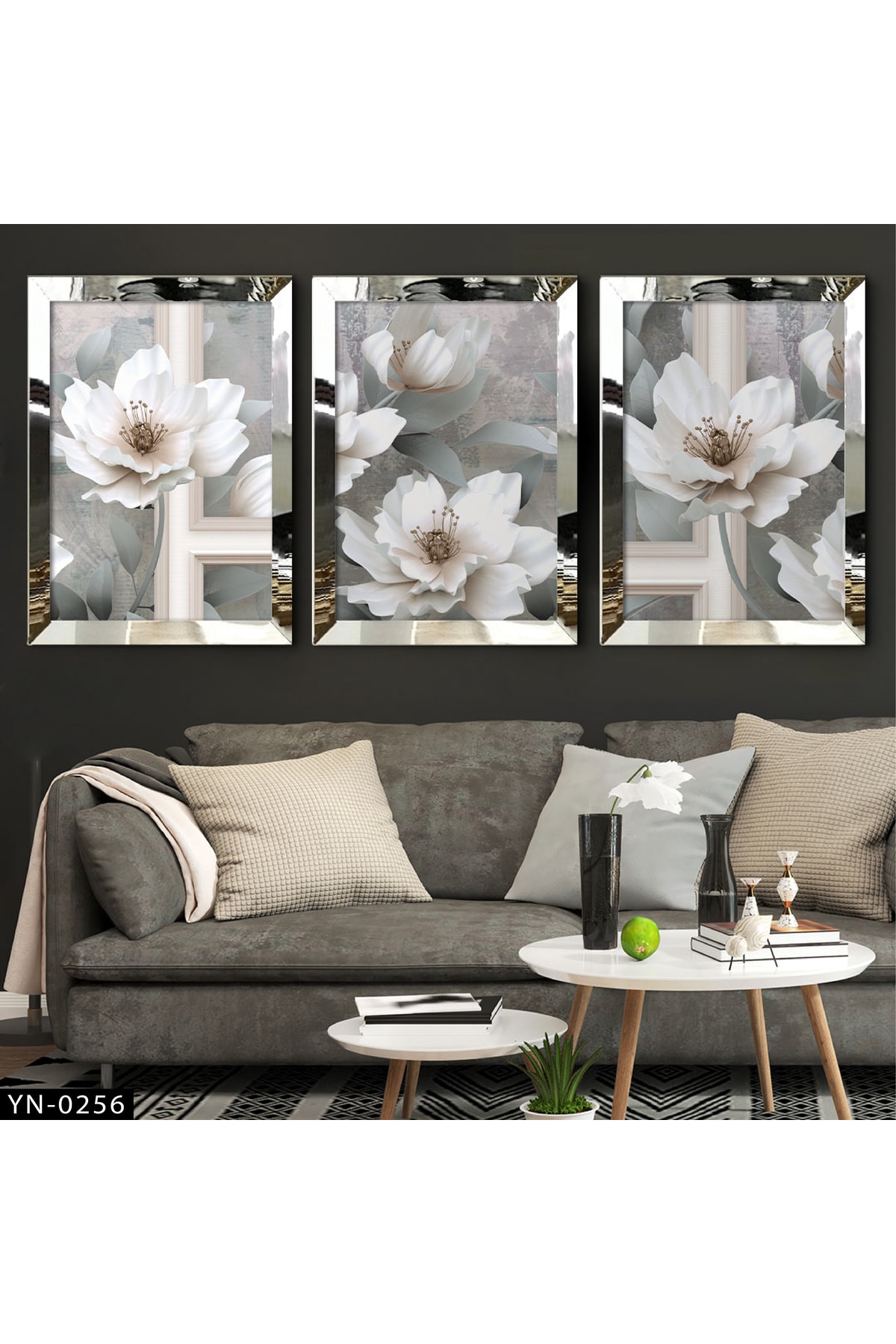 tablom burada Gri Zeminli Beyaz Çiçekler Gümüş Ayna Çerçeveli Tablo 3'lü Set