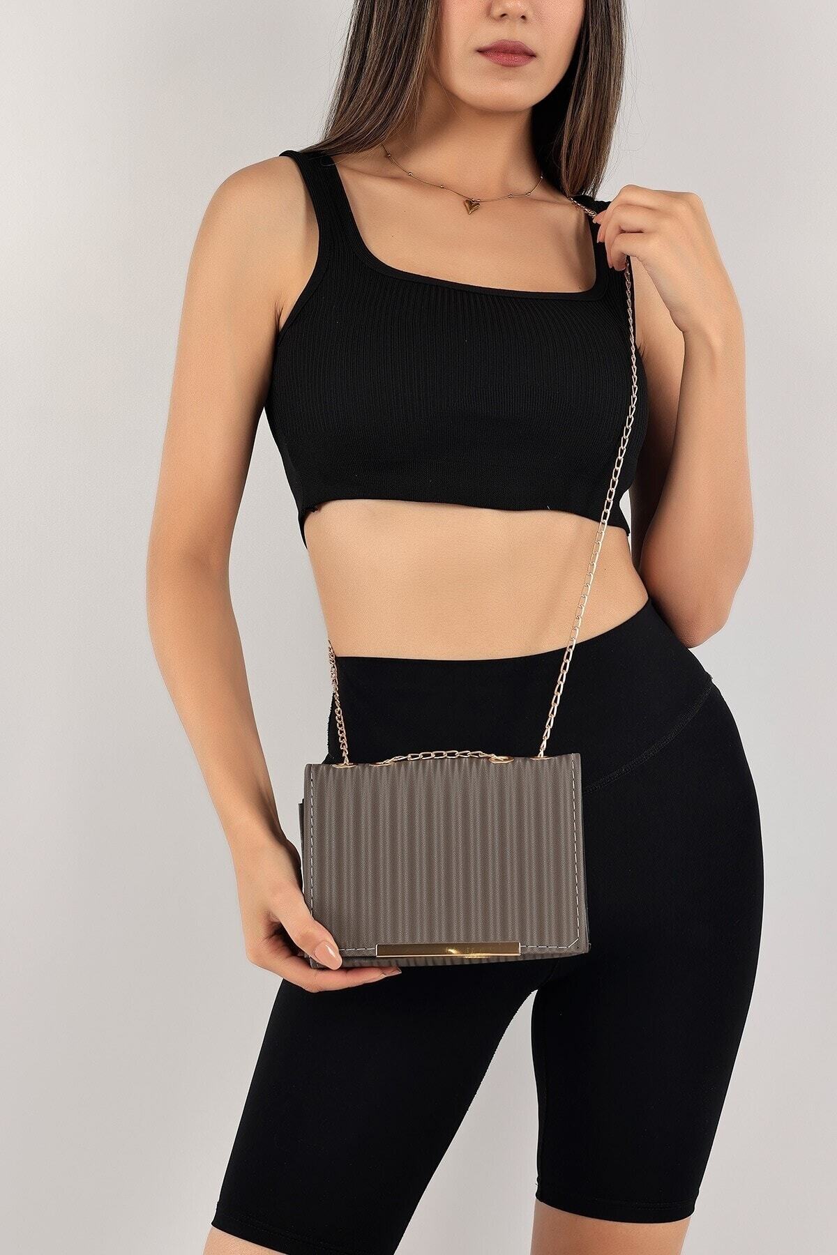 Elentra-Anthracite Evening Bag, Satin Look Gold Clip Handbag, Women's Evening Bag with Chain Strap 2