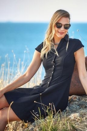 Kadın Siyah Gömlek Yaka Ön Düğmeli Kısa Kollu Kloş Elbise ULOS19SSDRSW.040_001
