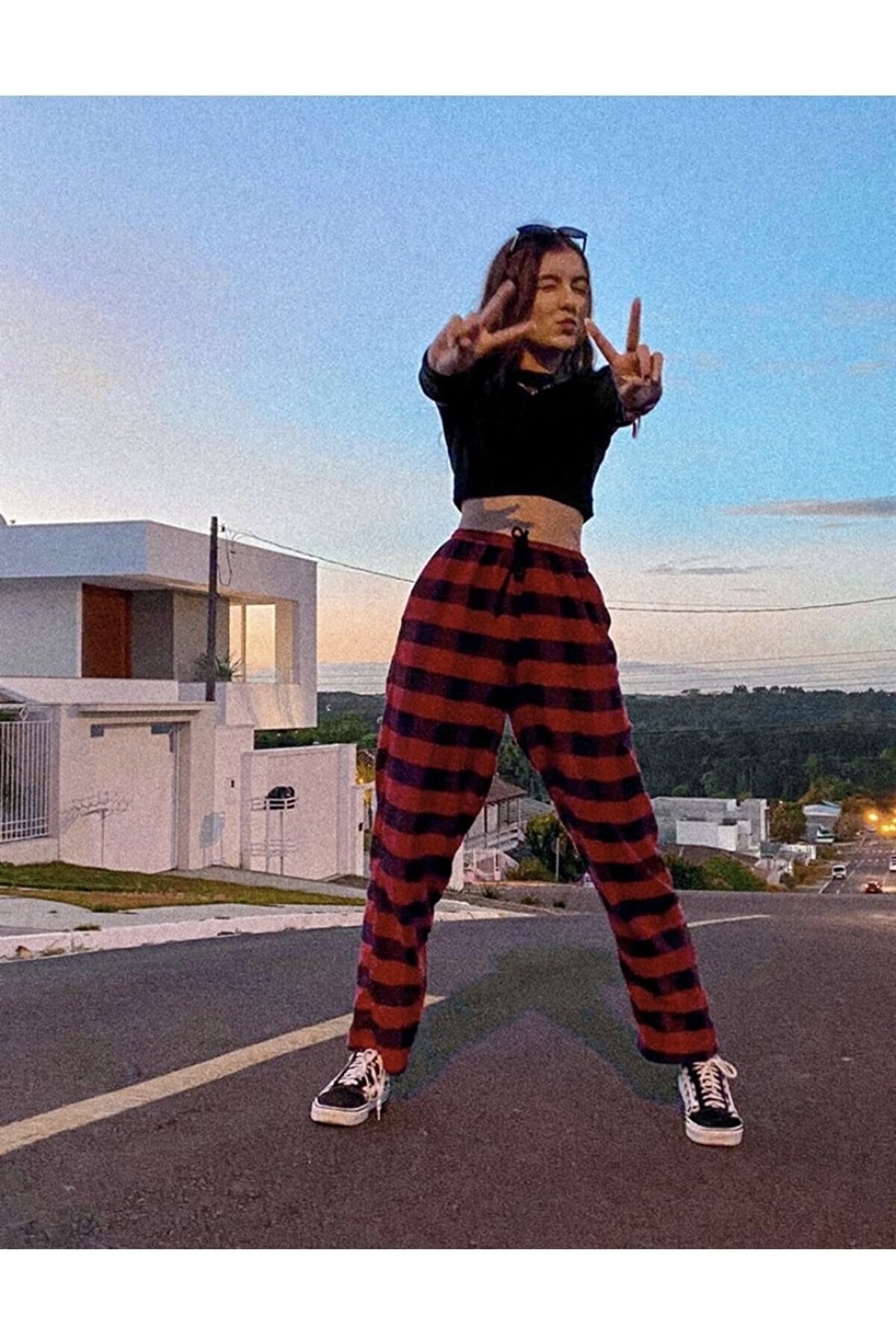 Y2k Unisex Elastic Waist Detailed Black Red Plaid