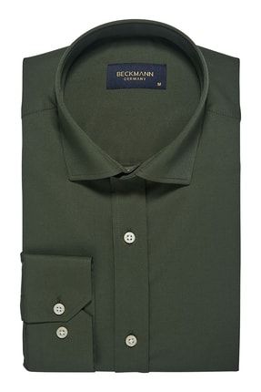 Kolay Ütülenebilir Haki Yeşil Düz Likralı Slim Fit Erkek Gömlek 10200