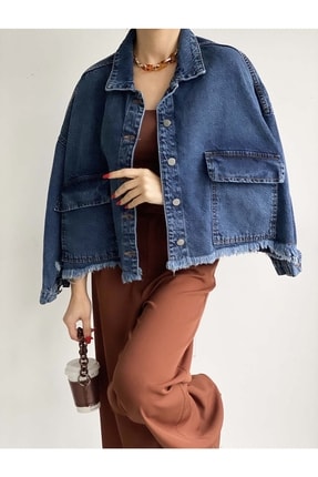 efstyle Bağcıklı Oversize Büyük Cepli Püsküllü Crop Kot Ceket
