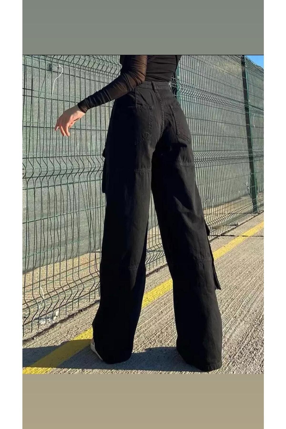 Touz Y2k Recycled Black Cargo Pocket Wıde Leg Jeans