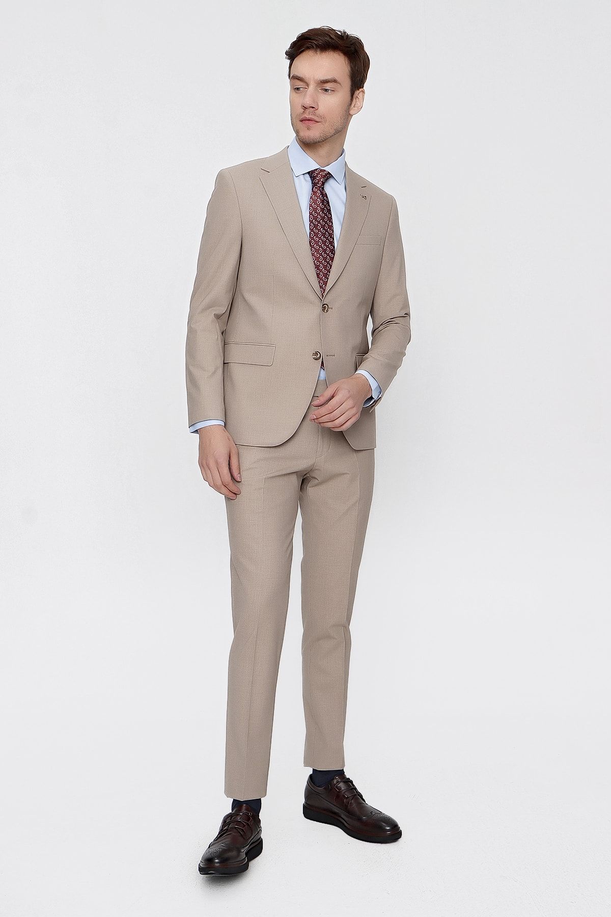 Morven Erkek Camel Yünlü Trend Slim Fit 6 Drop Takım Elbise MB8975