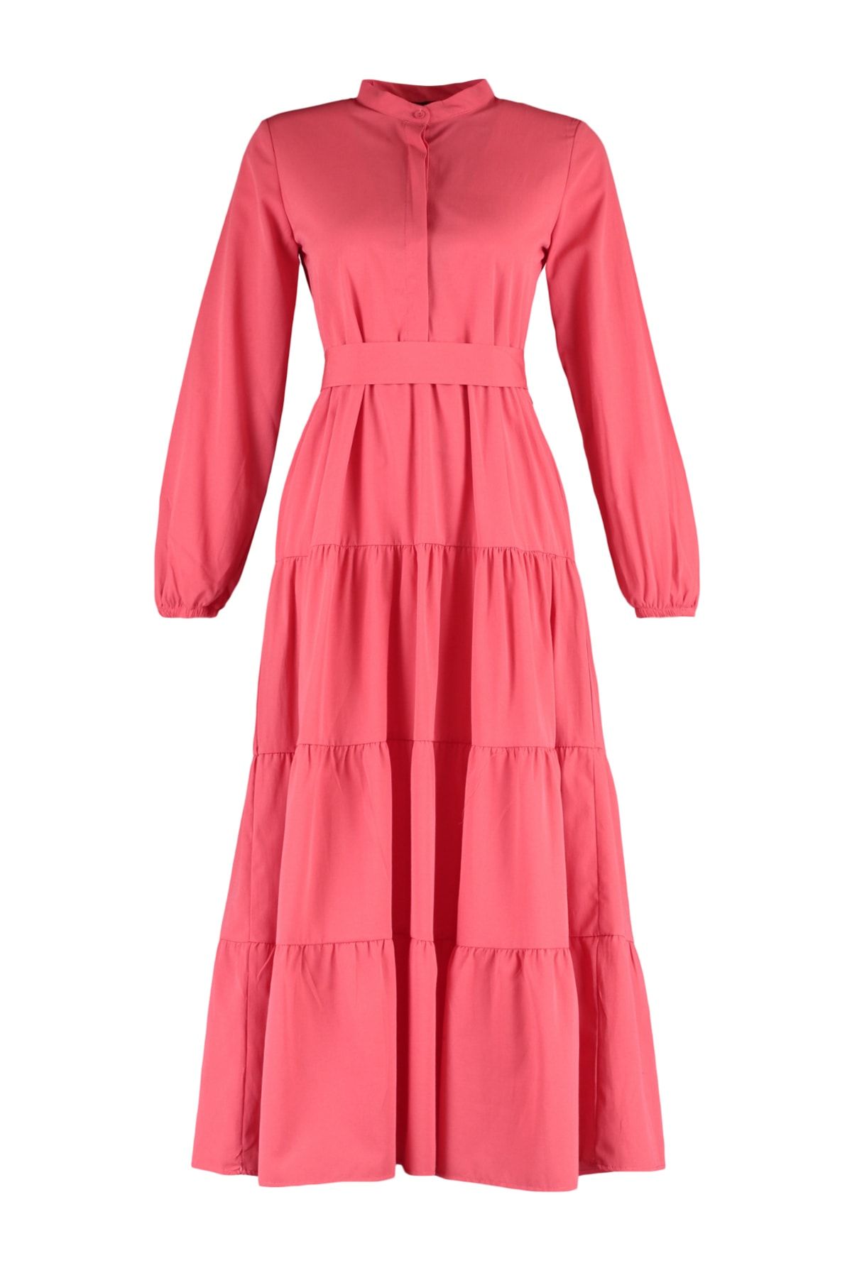 Trendyol Modest-Rochie țesută cu guler șef cu curea roz închis TCTSS21EL3343 6