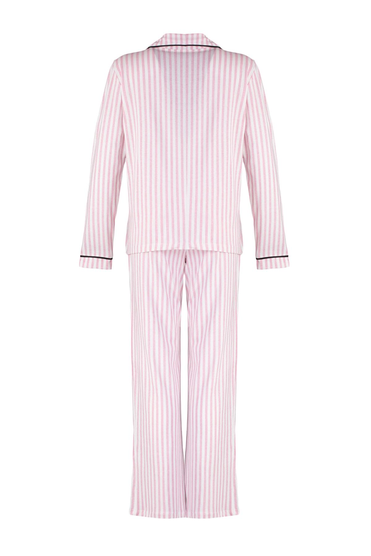 Trendyolmilla  Pudra %100 Pamuklu Çizgili Biye Detaylı Örme Pijama Takımı THMAW21PT0614 - Görsel 10