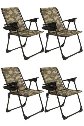 4 Adet Kamp Sandalyesi Katlanır Piknik Sandalye Oval Bardaklıklı Kamuflaj mnv_4KPSOB