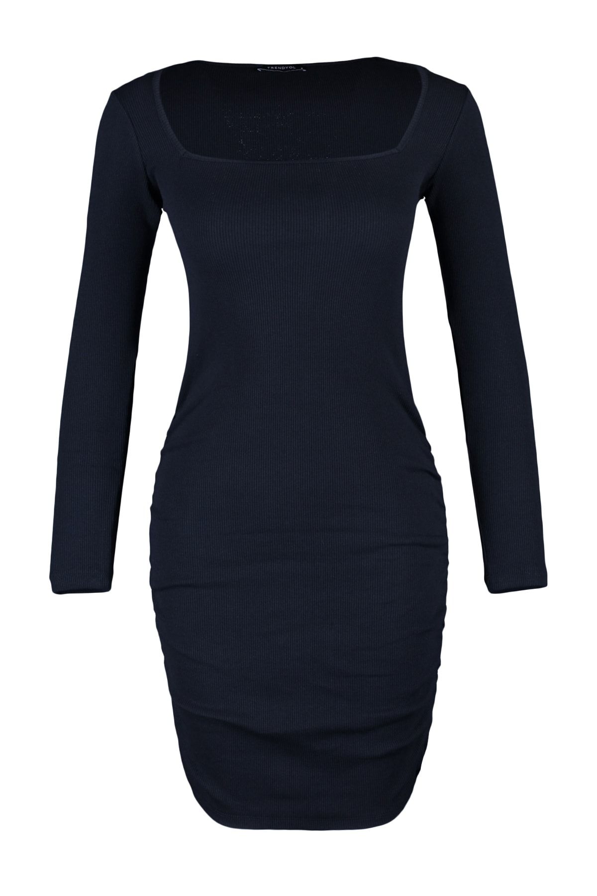 TRENDYOLMİLLA Siyah Büzgü Detaylı Vücuda Oturan Mini Kare Yaka Fitilli Esnek Örme Elbise TWOAW23EL01396 RF10694
