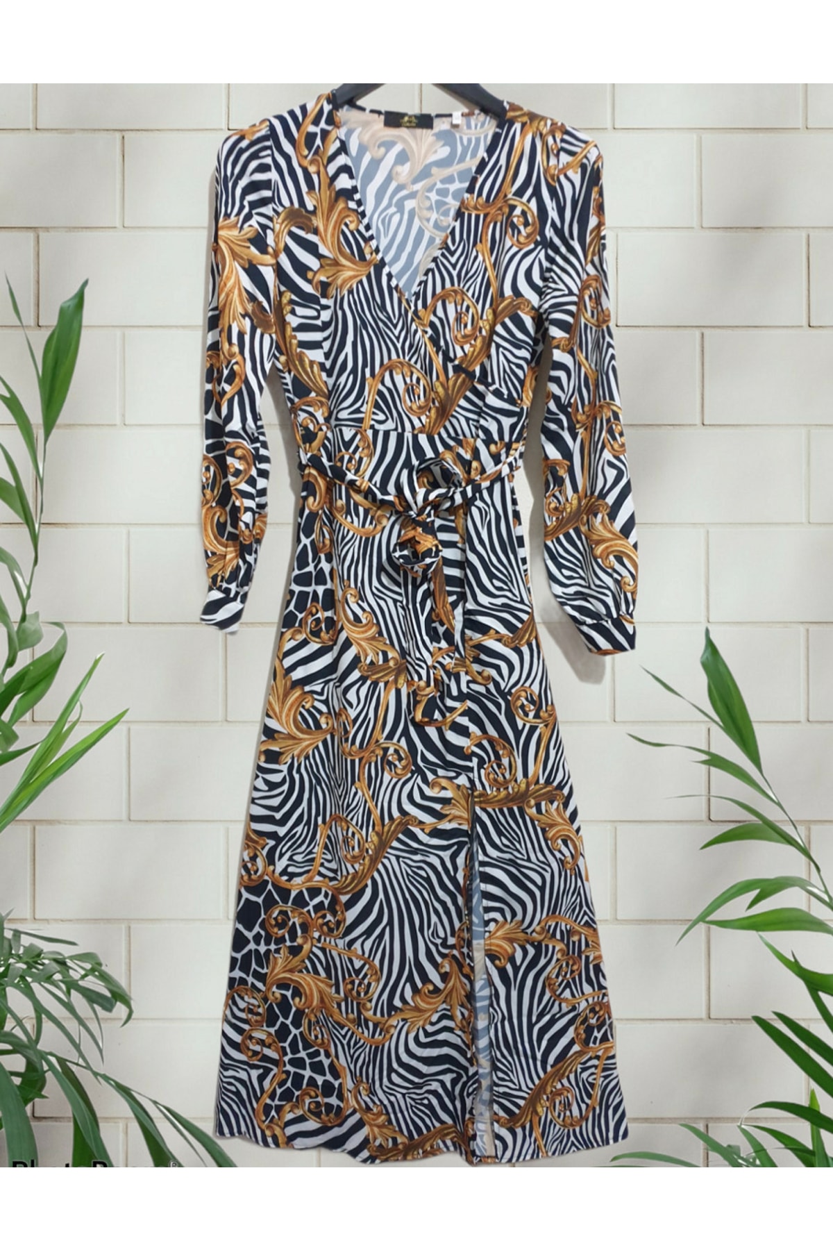 [Dar Kalıp Zebra Ve Vektörel Desen Yırtmaçlı Uzun Elbise]