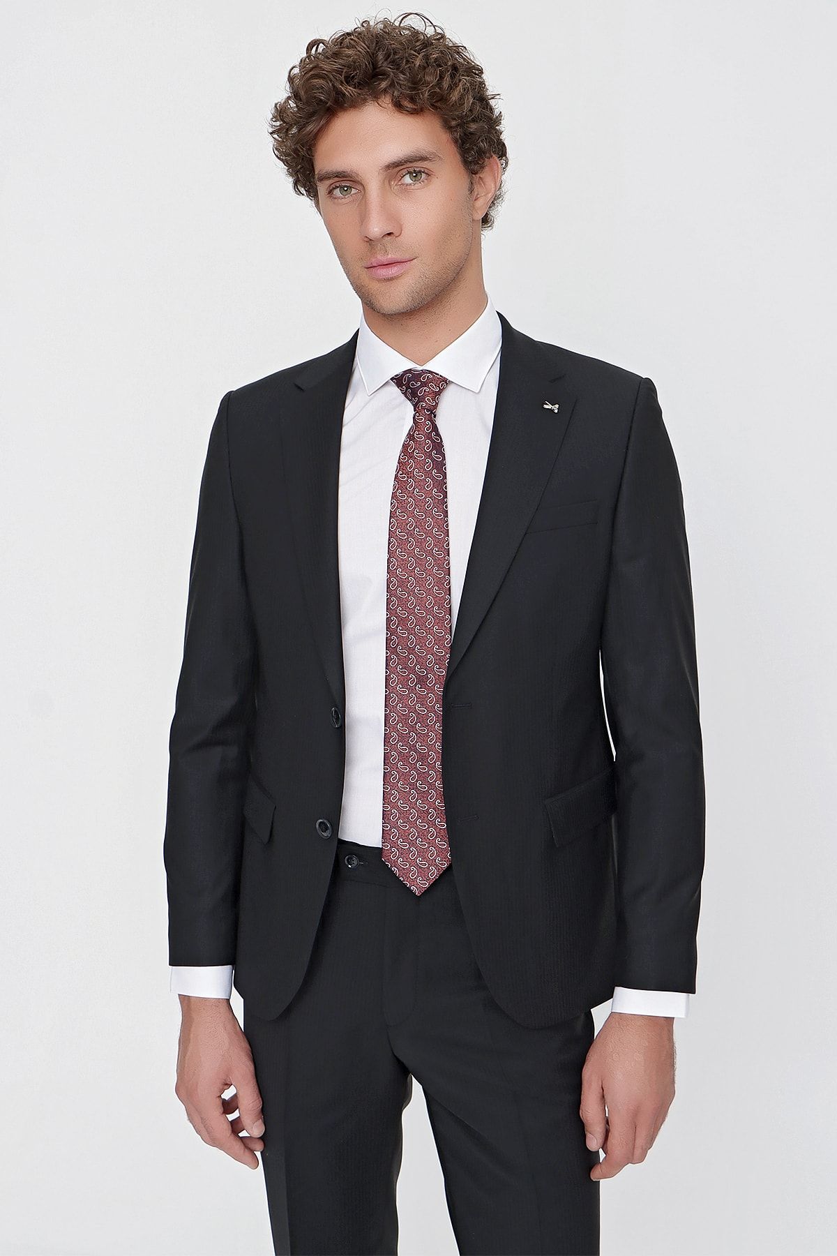 Morven Erkek Siyah Yünlü Jaguar Çizgili Slim Fit Dar Kesim Takım Elbise MB10244