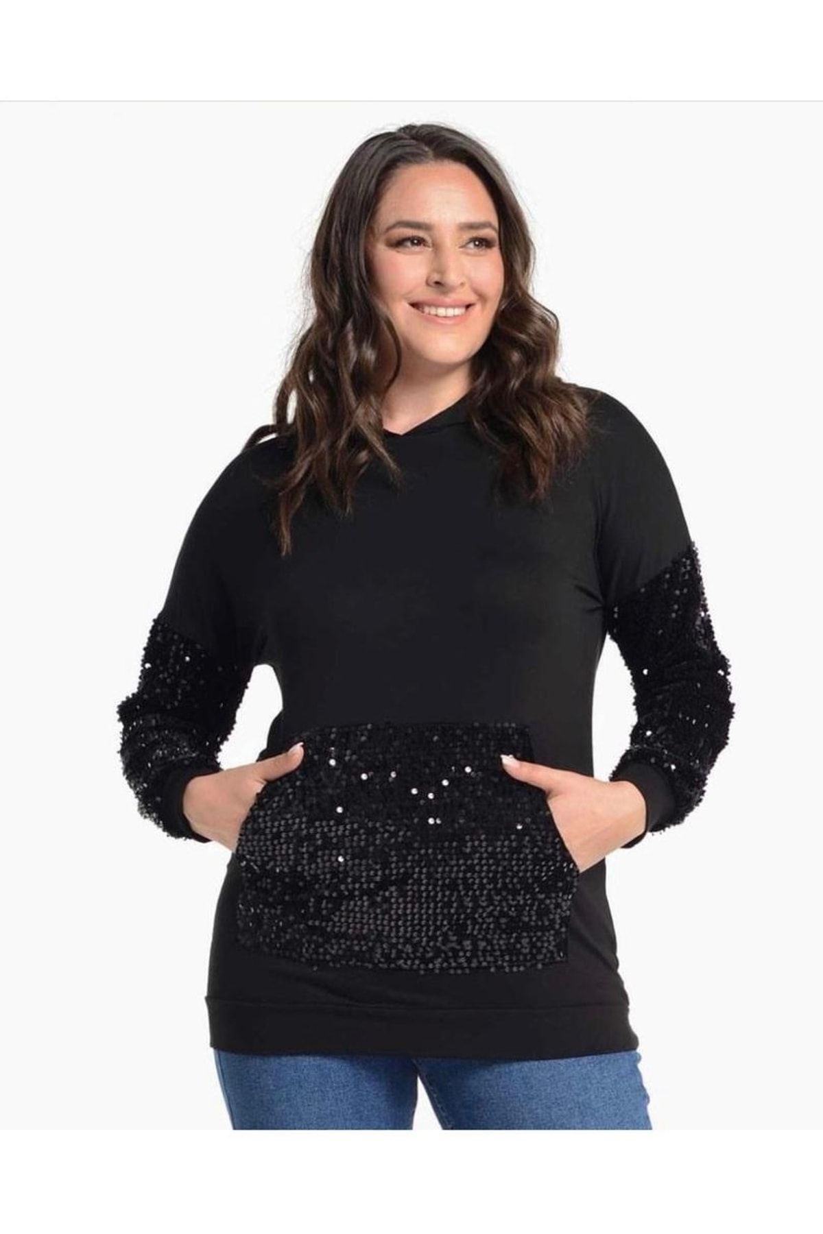 For Big Trend Kadın Kol Ve Ön Cep Pul Işleme Kapüşonlu Esnek Ince Sweatshırt