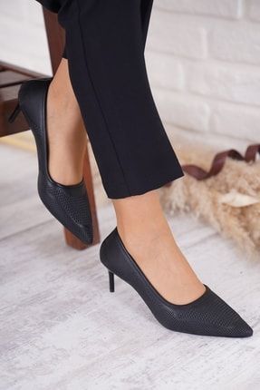 Lazerli Kadın Topuklu Ayakkabı Siyah Cilt 239 22YS7-4