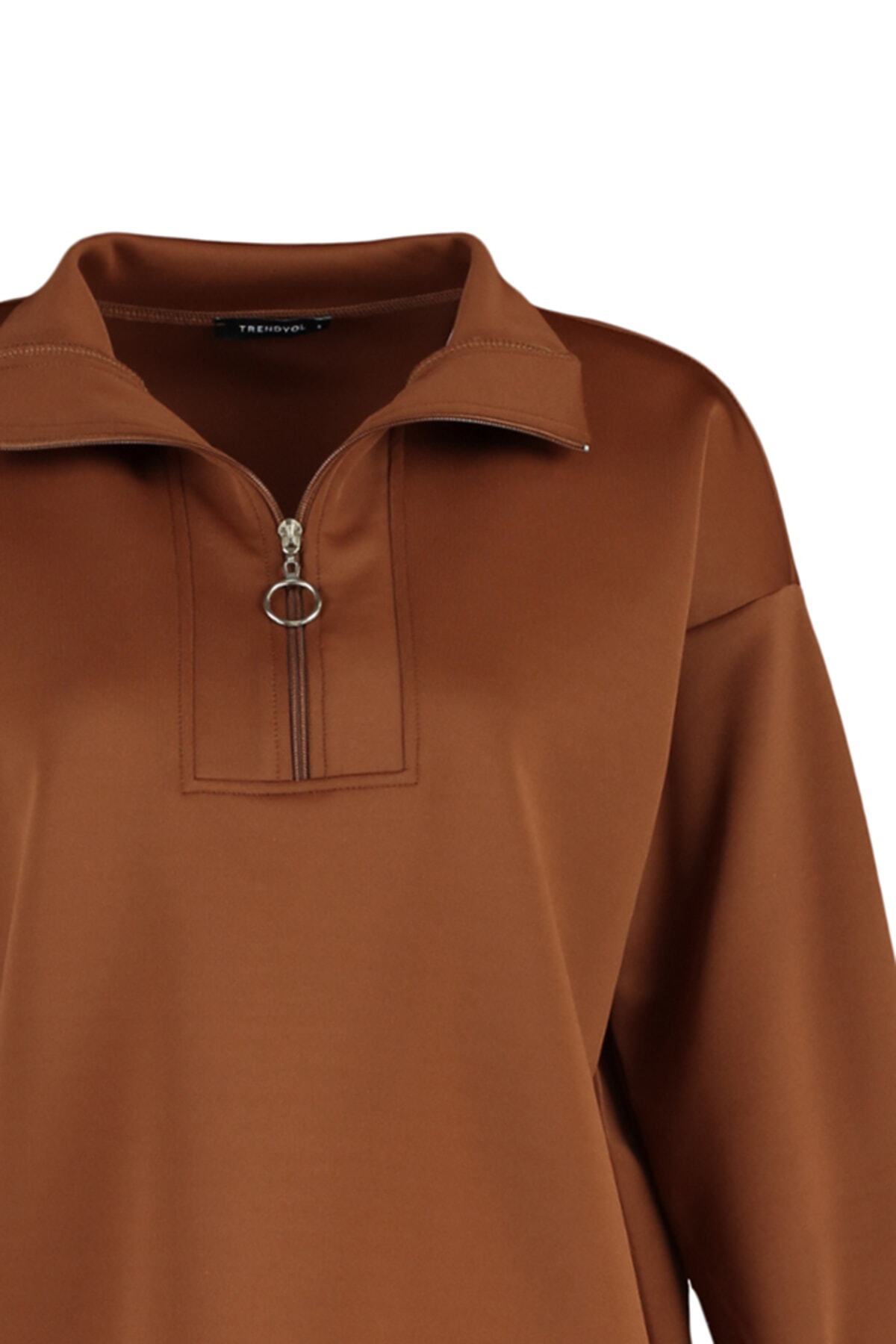 Trendyol Modest-Oversize καφέ φούτερ Scuba - Λεπτομέρειες με φερμουάρ, γιακάς δύτη TCTAW23TW00198 7