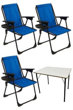 3 Adet Kamp Sandalyesi Katlanır Piknik Sandalye Oval Bardaklıklı Mavi Katlanır Mdf Masa mnv_3KPSOBMDF