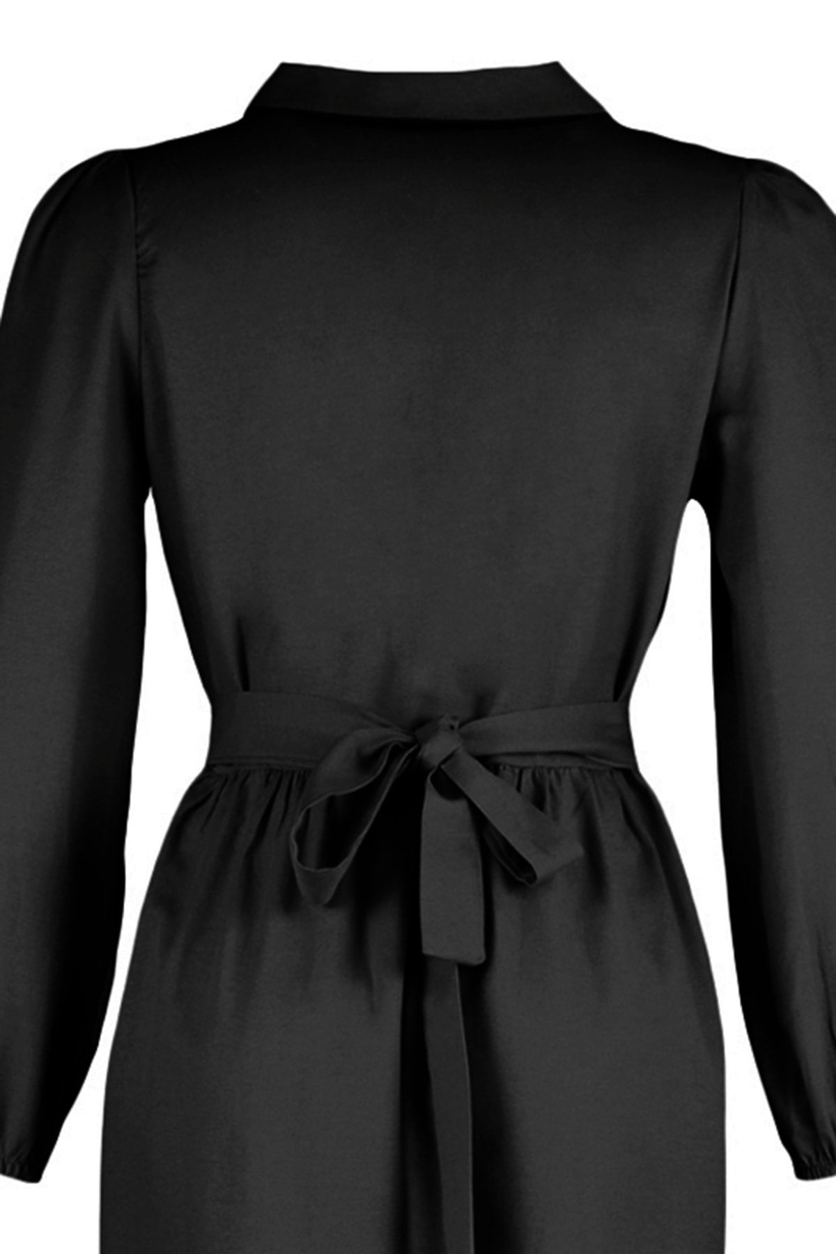 Trendyol Modest Siyah Gömlek Yaka Pili Kırma Detaylı Kuşaklı Dokuma Elbise TCTSS22EB0021 RN11102