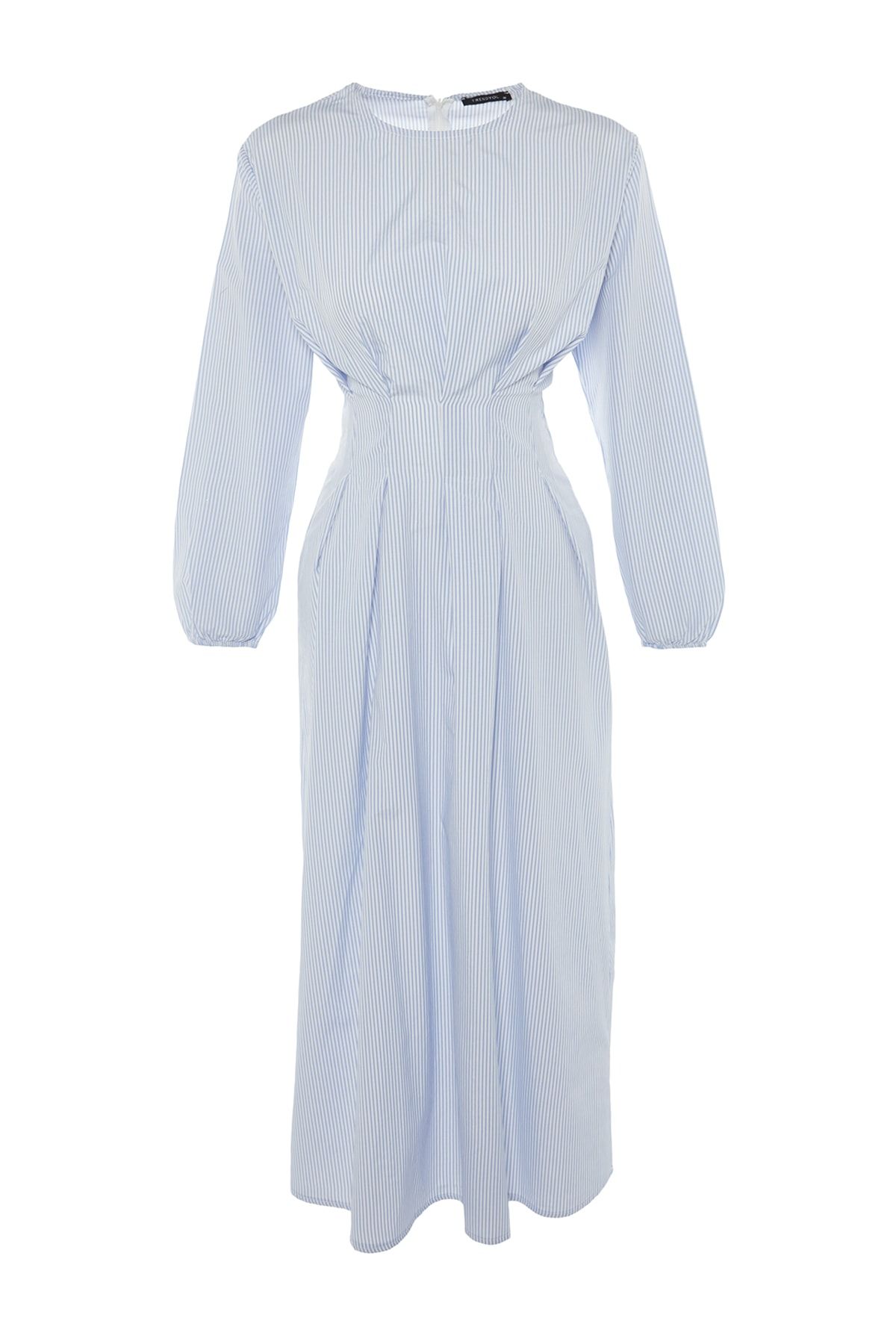 Trendyol Modest Mavi Çizgili Bisiklet Yaka Beli Pili Detaylı Dokuma Elbise TCTSS22EB00181 RN11216