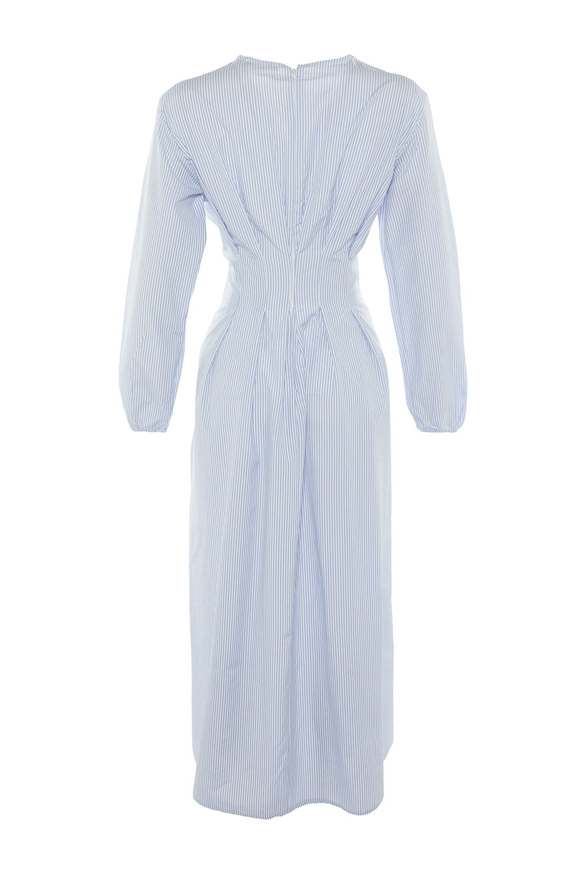 Trendyol Modest Mavi Çizgili Bisiklet Yaka Beli Pili Detaylı Dokuma Elbise TCTSS22EB00181 RN11216