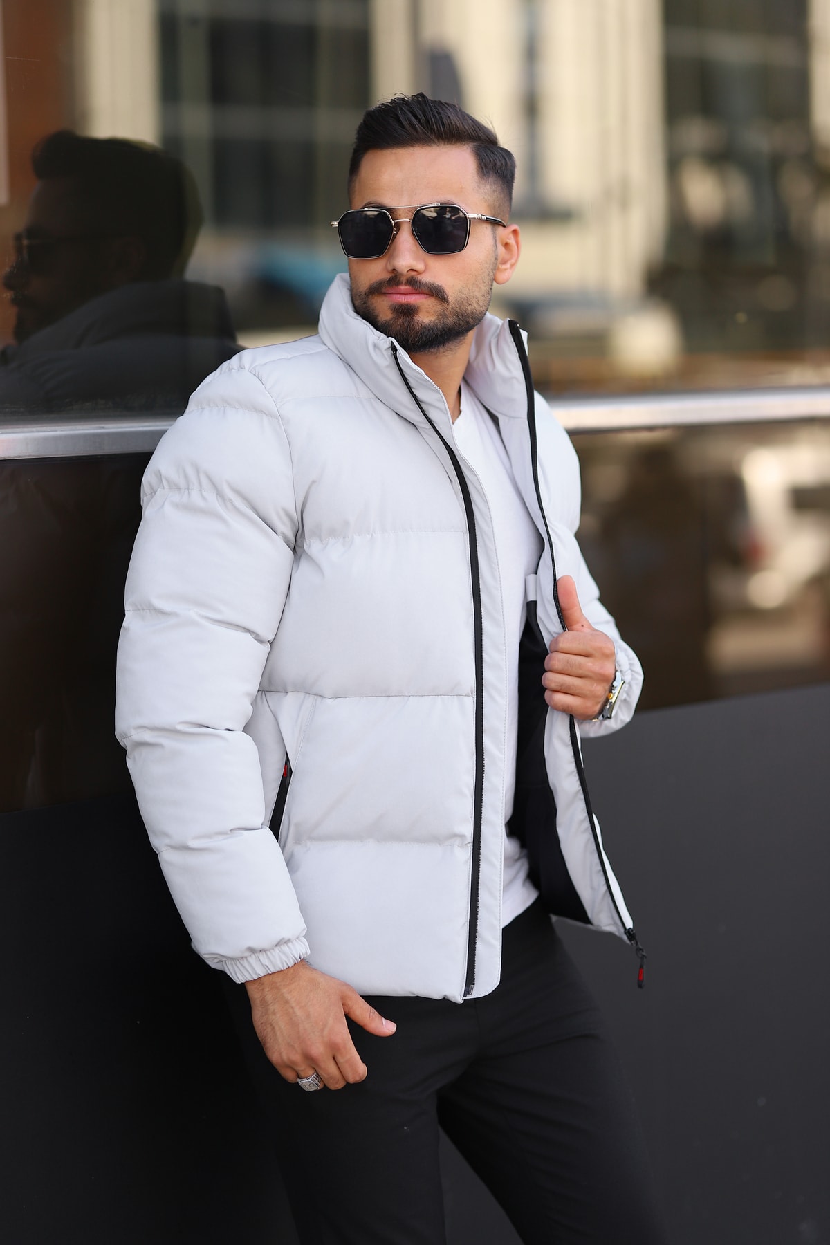 S&M CLOTHİNG Erkek Açık Gri Şişme Mont görsel 3