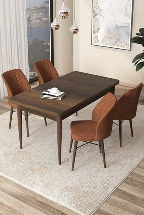 Arp Serisi, 70x114 Sabit Barok Ahşap Desen Mutfak Masası Takımı Kiremit Sandalye 4 Adet CNS-04ARPBRK