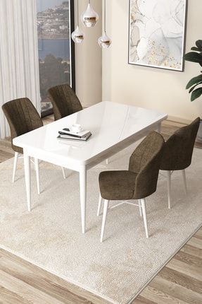 Arp Serisi, Doğal Ahşap Ayaklı Sabit Beyaz Mutfak Masası Takımı 4 Adet Kahverengi Sandalyeli CNS-04ARPBYZ