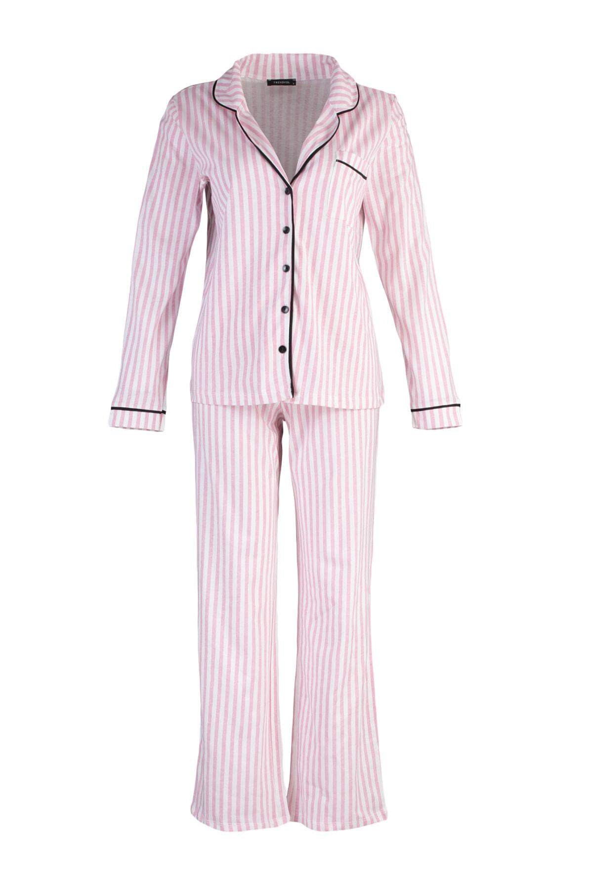 Trendyolmilla  Pudra %100 Pamuklu Çizgili Biye Detaylı Örme Pijama Takımı THMAW21PT0614 - Görsel 8