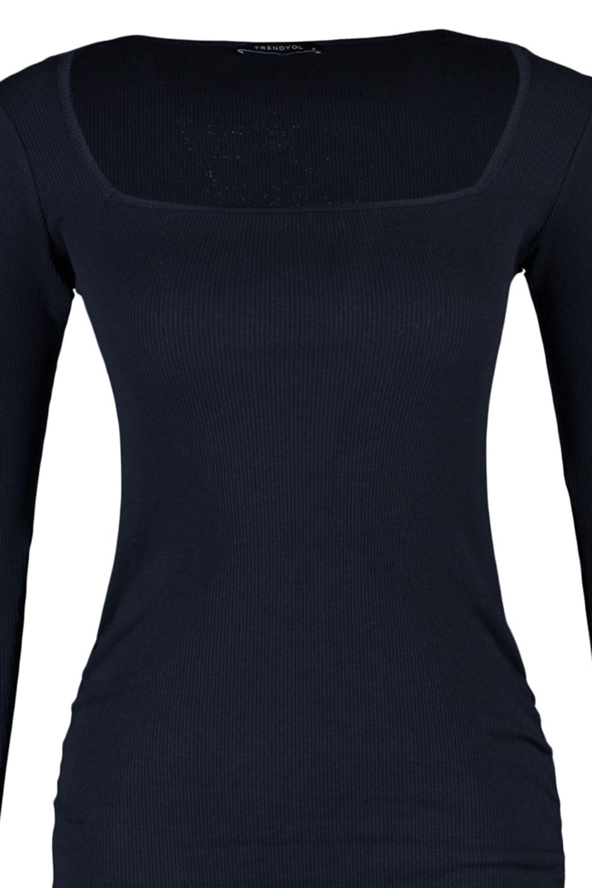 TRENDYOLMİLLA Siyah Büzgü Detaylı Vücuda Oturan Mini Kare Yaka Fitilli Esnek Örme Elbise TWOAW23EL01396 RF10694