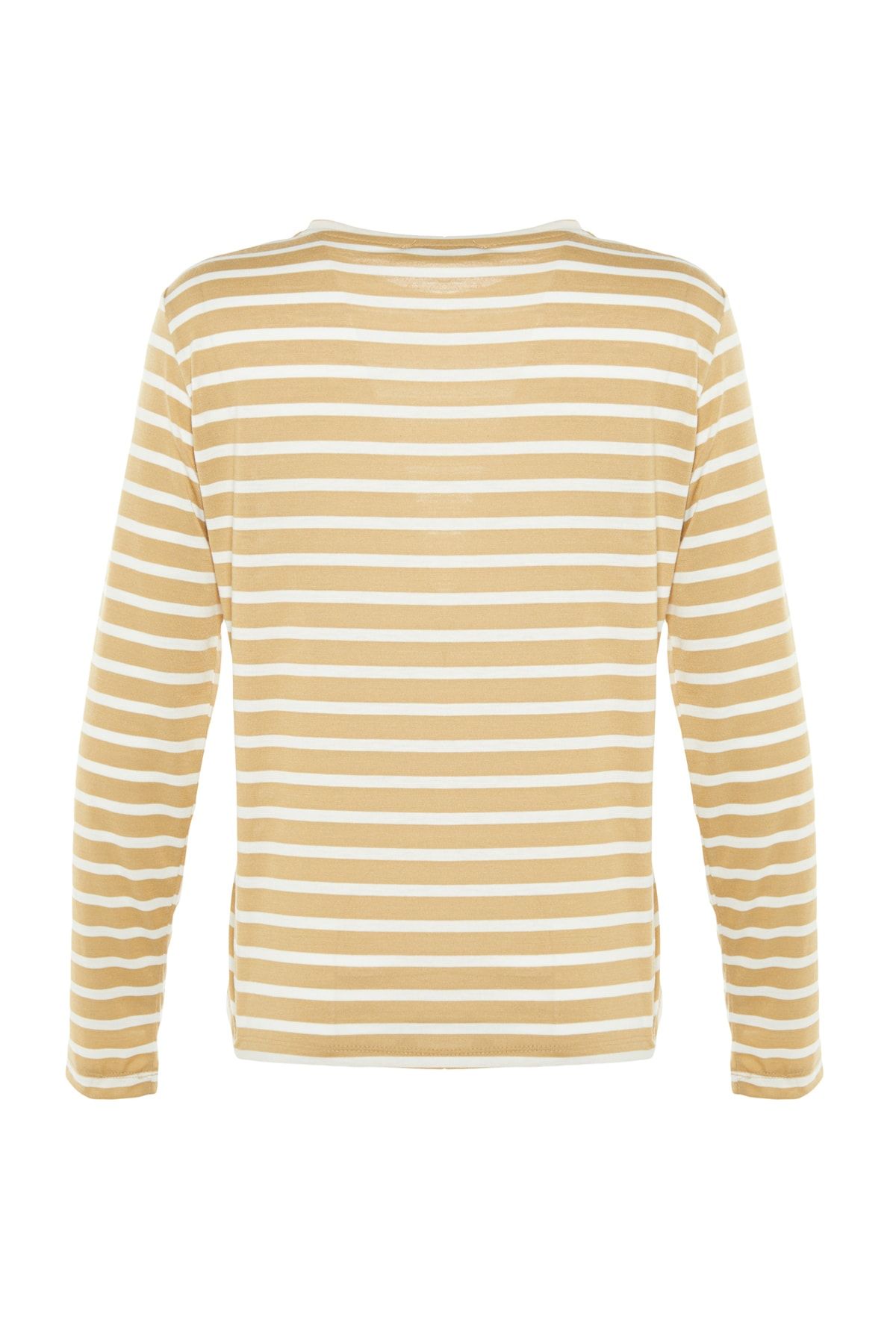 Trendyol Collection-Béžovo-ecru pruhovaný pravidelný/normální vzor Základní pletené tričko s výstřihem TWOAW23TS00002 8