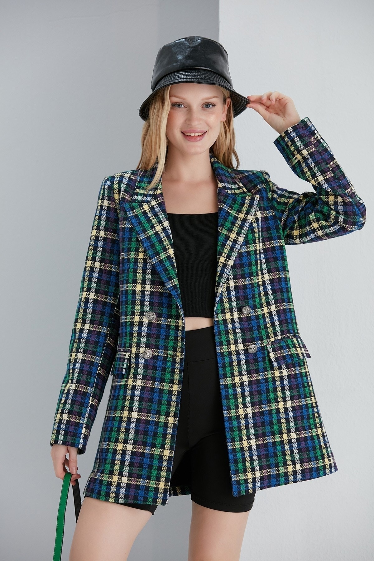 Pikka Online Kadın Şanel Kumaş Spor Şık Çok Renkli Çizgili Blazer Ceket