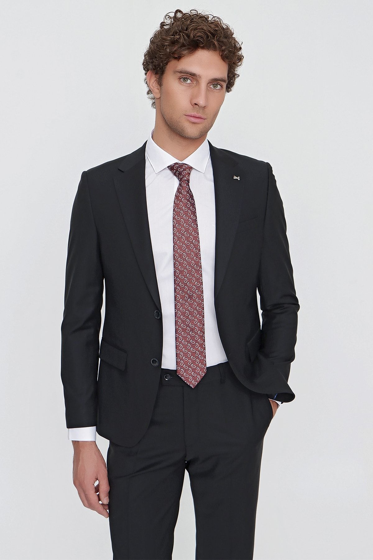 Morven Erkek Siyah Yünlü Jaguar Çizgili Slim Fit Dar Kesim Takım Elbise MB10244