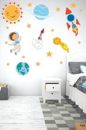 Sevimli Astronot, Uzay Mekiği, Güneş, Yıldızlar Gezegen Sticker Seti Çocuk Bebek Odası k384
