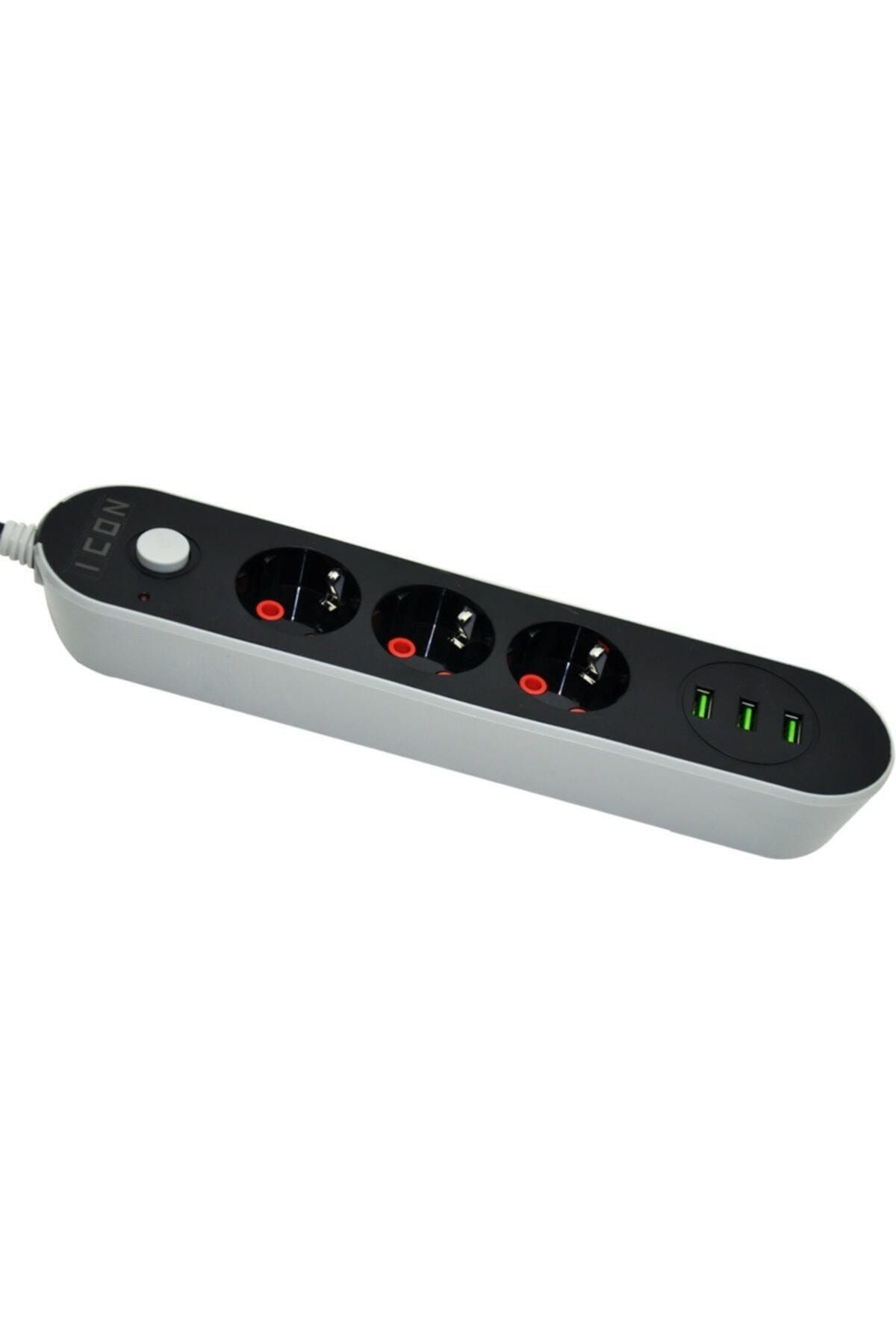 Eksprespazar-Icon 2 Meters 3 Sockets, 3 USB Inputs, Surge Protected Triple Socket 10a 2500w 4