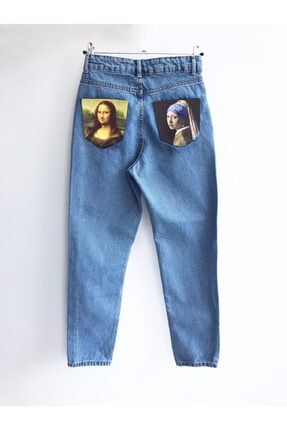 Kadın Mavi Tasarım Sanatsal Kot Pantolon - Mona Lisa Ve Inci Küpeli Kız pantmonalisa