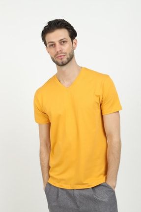 Basic V Yaka Likralı Sarı T-shirt Y&R-SLN5