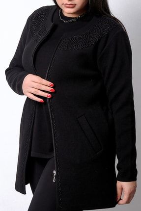 Kadın Siyah Triko Yünlü Kordone İşlemeli Ceket 5050