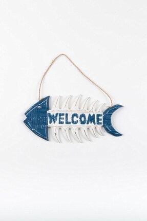 Beyaz Dekoratif Ahşap Kılçıklı Balık Welcome Kapı Süsü KZYITRT-22557