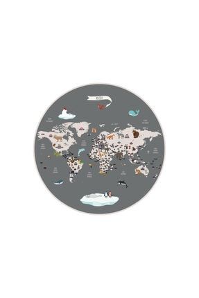 Dünya Haritası - Hayvanlar Alemi - Gri (çocuk Odası Duvar Kağıdı - Yuvarlak Model) 93138247A8BF02