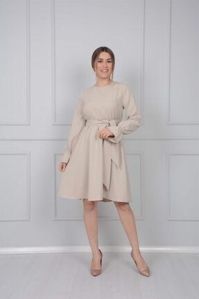Crep Kumaş Bel Lastik Elbise - Vizon GYM-0872