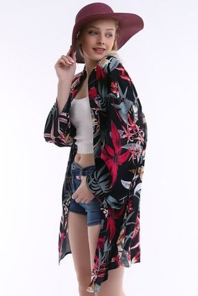 Kadın Siyah Çiçek Desenli Uzun Kimono 6974KDNDSNLİKMNO