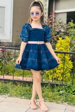 Kız Çocuk Balon Kol Kare Yaka Kemerli Mavi Kot Elbise 2220204001