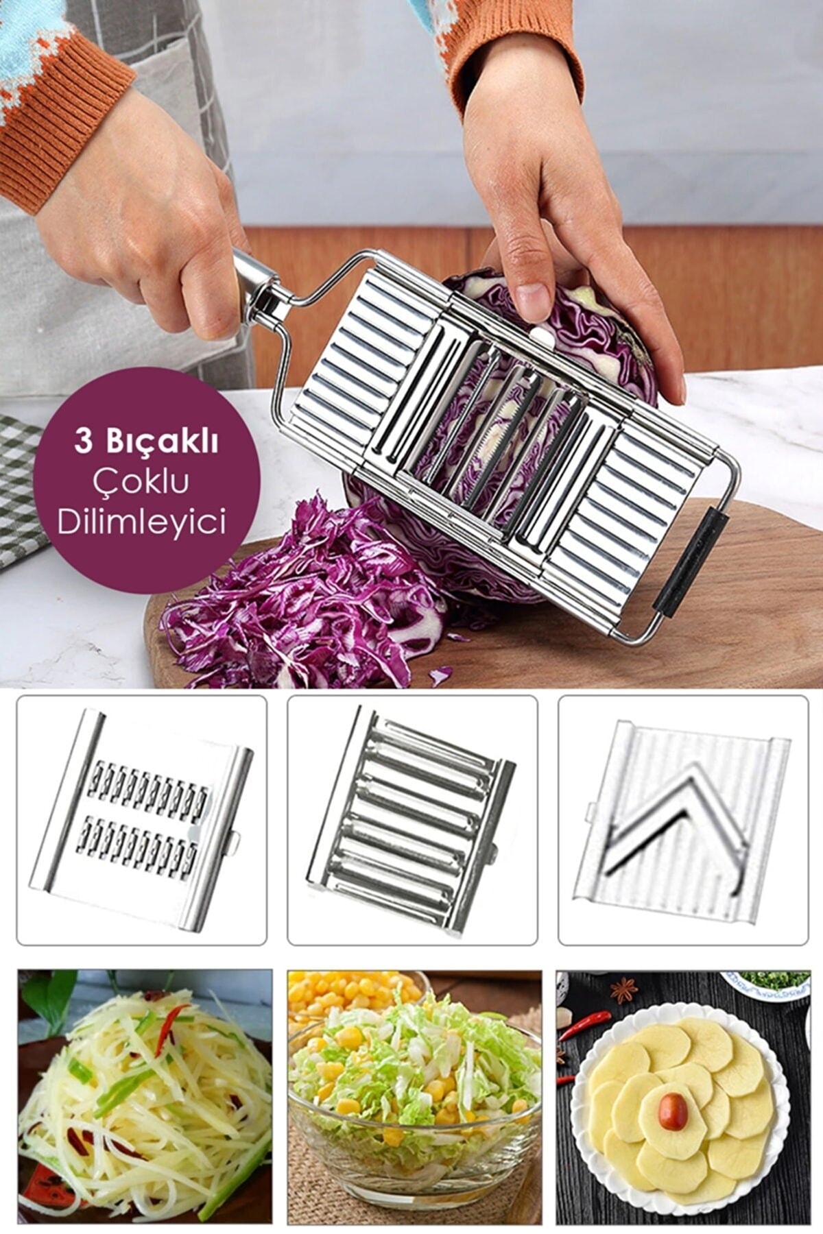 Genel Markalar Pratik 3 Bıçaklı Multi Fonksiyonlu Çoklu Dilimleyici Doğrayıcı | Multi Rende | Metal Dilimleyici