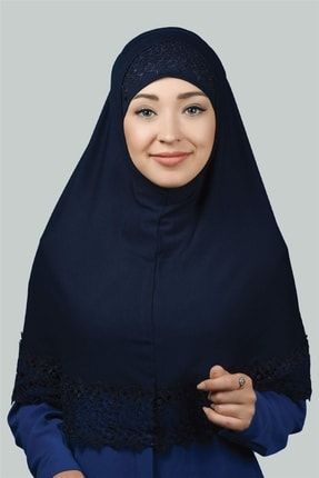 Ikili Set Dantelli Pratik Eşarp Hazır Hijab Ve Tesettür Bonesi Xl - Lacivert T74
