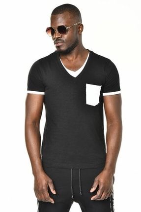 Siyah Mini Cep Detaylı V Yaka Basic T-shirt 900000037125