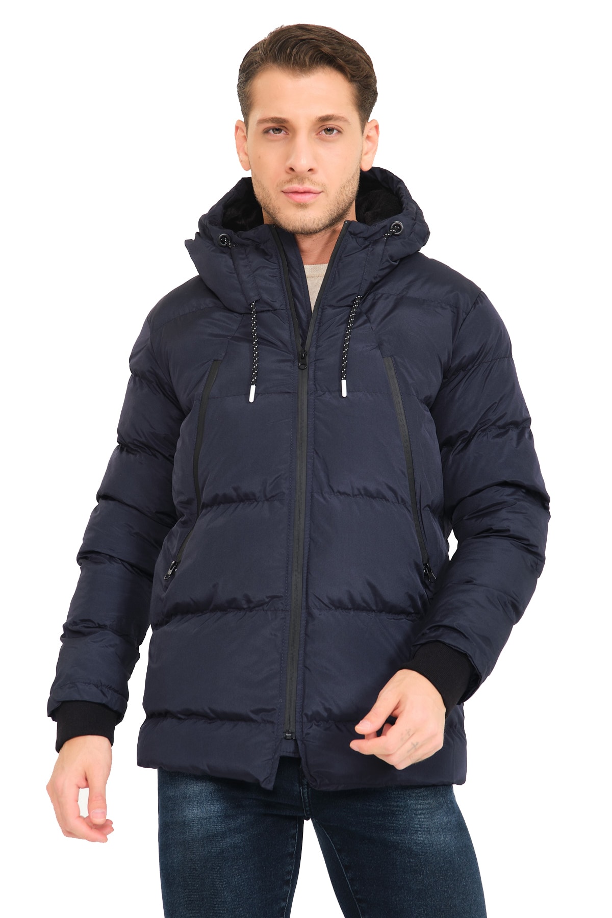  پالتو مردانه پفی زیپ‌دار، ضد باد، کلاه‌دار، سرمه‌ای