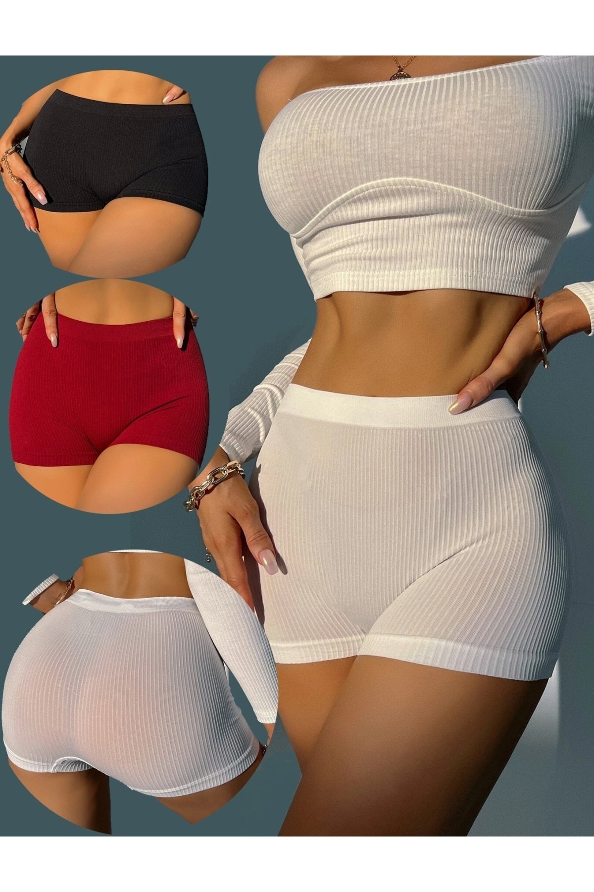 Fancy&Dancy Kadın Siyah Beyaz Bordo 3'lü Kaşkorse Kumaş Boxer Şort