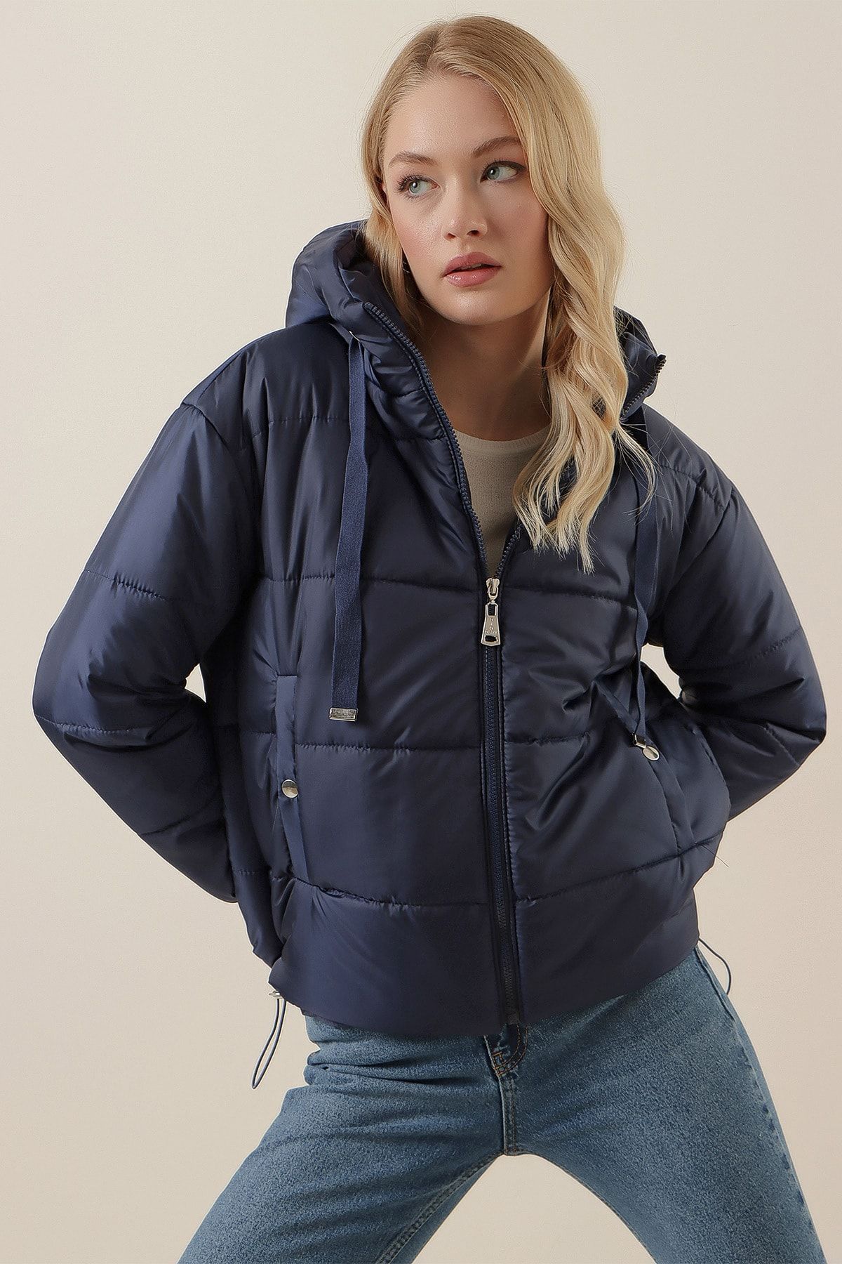 Dark blue hot sale puffer jacket women's