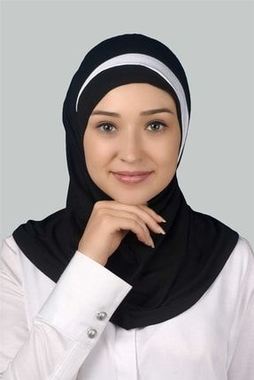 Pratik Eşarp Hazır Türban Özel Hilal Detaylı Hijab - Siyah - Beyaz T82