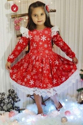 Kız Çocuk Güpür Detaylı Kar Tanesi Kırmızı Kadife Elbise 2210411234