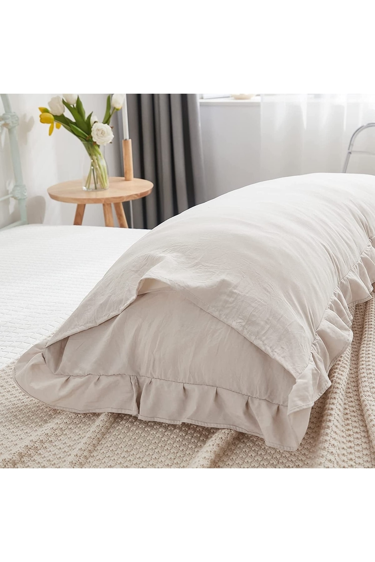 Tinybabyconcept Natural Pamuklu Bej Uzun Yastık Kılıfı Fırfır Kenarlı Decor Hamile Yastığı 50x135 Cm fotoğrafı 7 (önizleme)